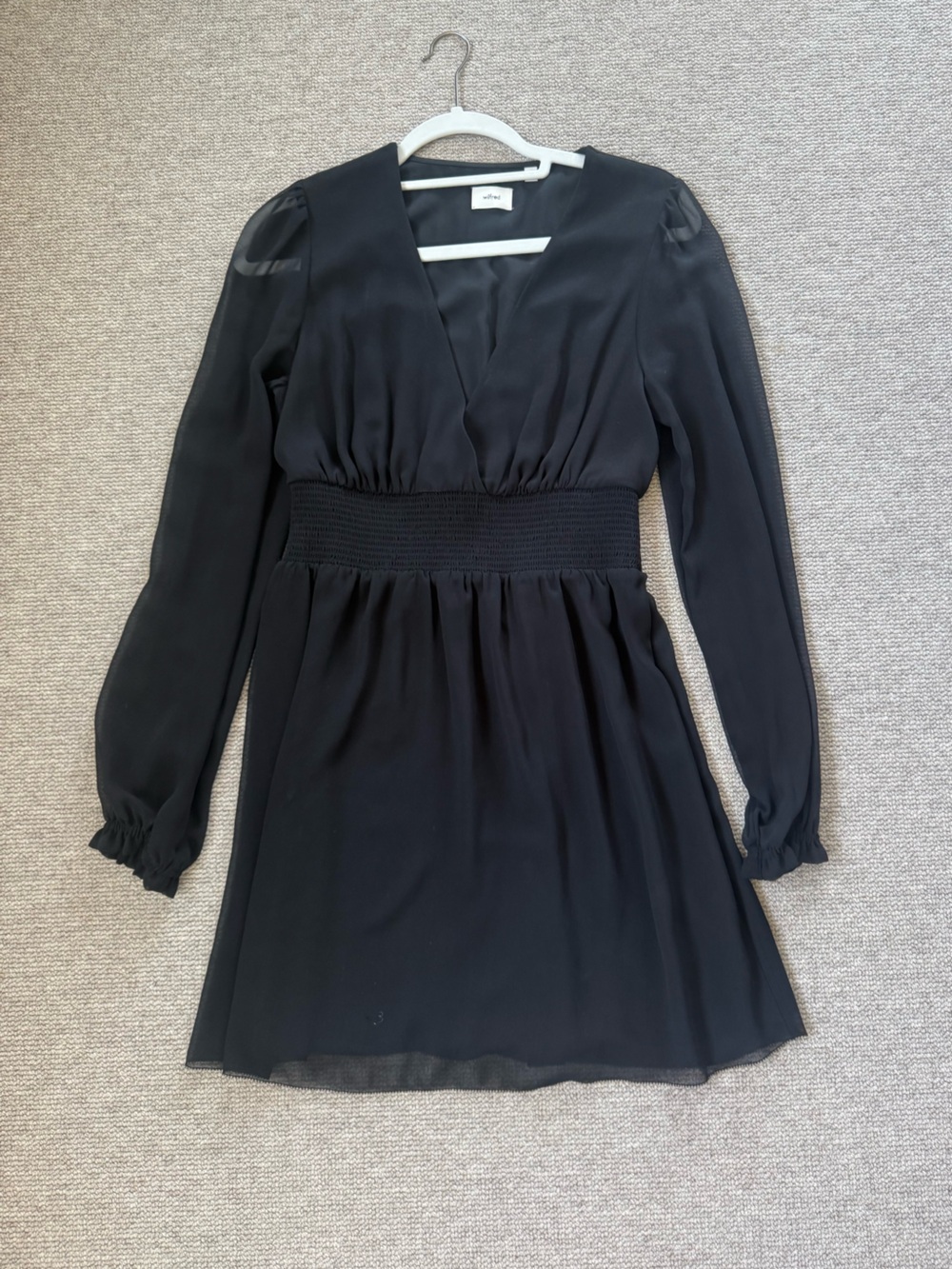 Aritzia Black Long-Sleeve V-Neck Smocked Waist Dress